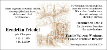 Traueranzeige von Hendrika Friedel von Neue Osnabrücker Zeitung GmbH & Co. KG