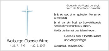 Traueranzeige von Walburga Oberste-Wilms von Neue Osnabrücker Zeitung GmbH & Co. KG