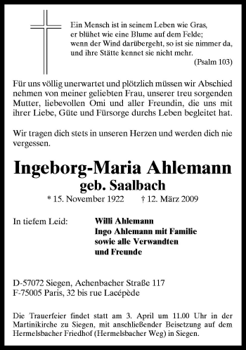 Traueranzeige von Ingeborg-Maria Ahlemann von Neue Osnabrücker Zeitung GmbH & Co. KG