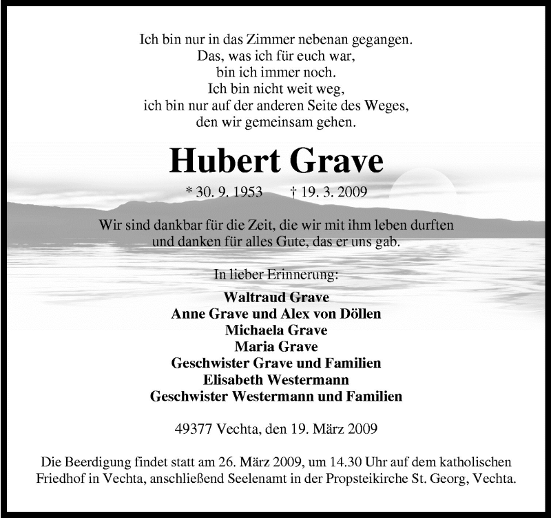  Traueranzeige für Hubert Grave vom 23.03.2009 aus Neue Osnabrücker Zeitung GmbH & Co. KG