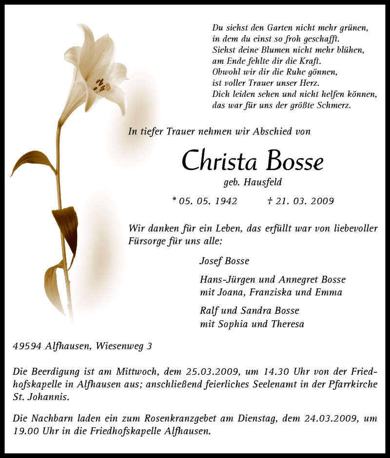 Anden klasse Smil ciffer Traueranzeigen von Christa Bosse | noz Trauerportal