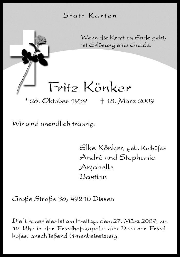  Traueranzeige für Fritz Könker vom 24.03.2009 aus Neue Osnabrücker Zeitung GmbH & Co. KG