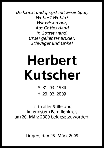 Traueranzeige von Erich Kutscher von Neue Osnabrücker Zeitung GmbH & Co. KG