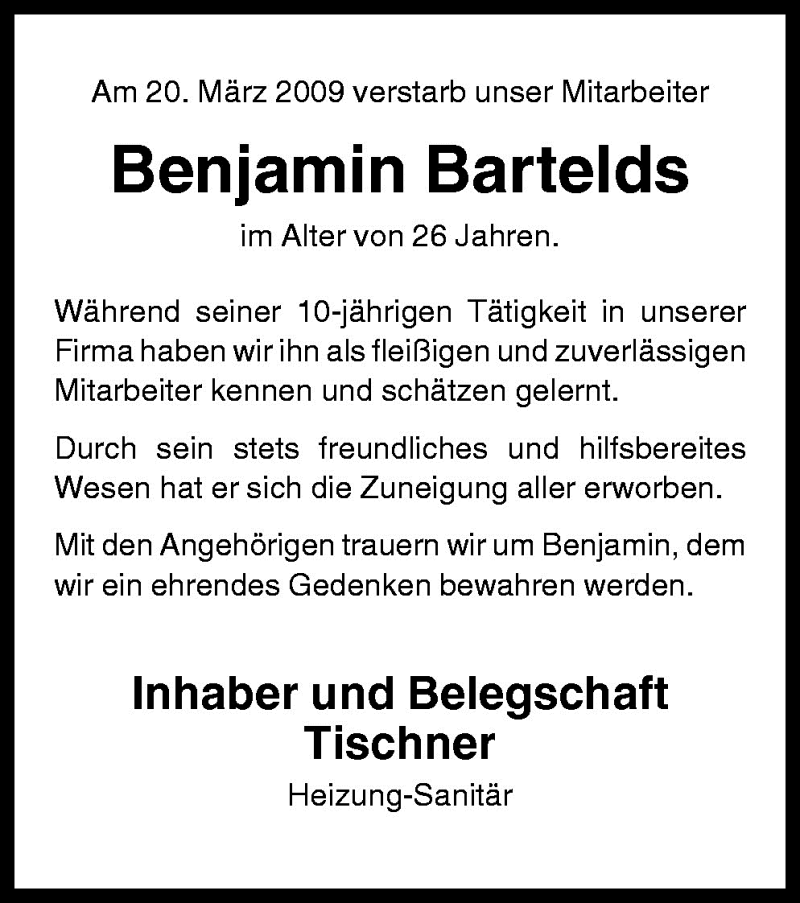  Traueranzeige für Benjamin Bartelds vom 25.03.2009 aus Neue Osnabrücker Zeitung GmbH & Co. KG