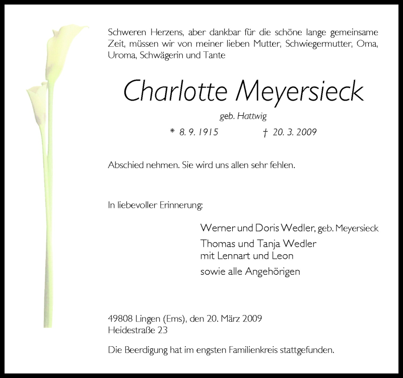  Traueranzeige für Charlotte Meyersieck vom 25.03.2009 aus Neue Osnabrücker Zeitung GmbH & Co. KG