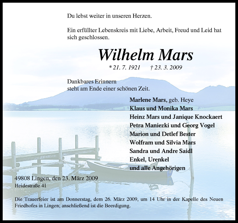  Traueranzeige für Wilhelm Mars vom 25.03.2009 aus Neue Osnabrücker Zeitung GmbH & Co. KG