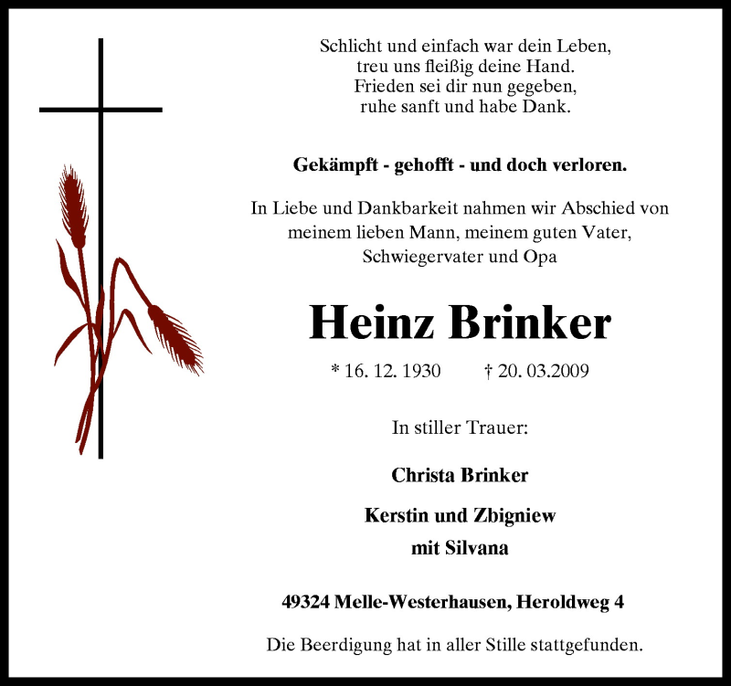  Traueranzeige für Heinz Brinker vom 25.03.2009 aus Neue Osnabrücker Zeitung GmbH & Co. KG