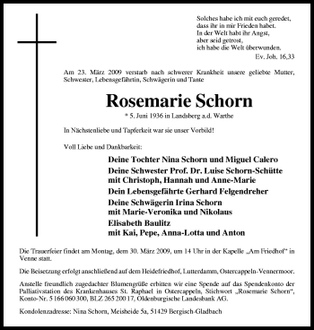 Traueranzeige von Rosemarie Schorn von Neue Osnabrücker Zeitung GmbH & Co. KG