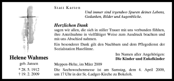 Traueranzeige von Helene Wahmes von Neue Osnabrücker Zeitung GmbH & Co. KG