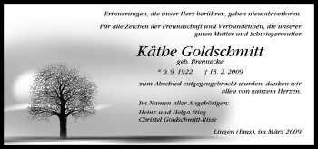 Traueranzeige von Käthe Goldschmitt von Neue Osnabrücker Zeitung GmbH & Co. KG