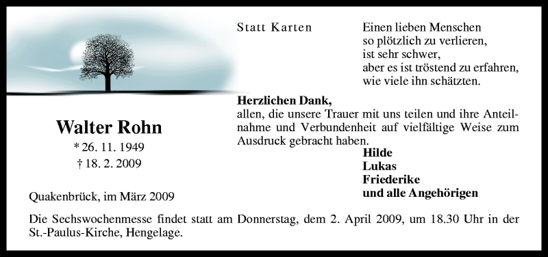  Traueranzeige für Walter Rohn vom 28.03.2009 aus Neue Osnabrücker Zeitung GmbH & Co. KG