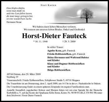 Traueranzeige von Horst-Dieter Fauteck von Neue Osnabrücker Zeitung GmbH & Co. KG