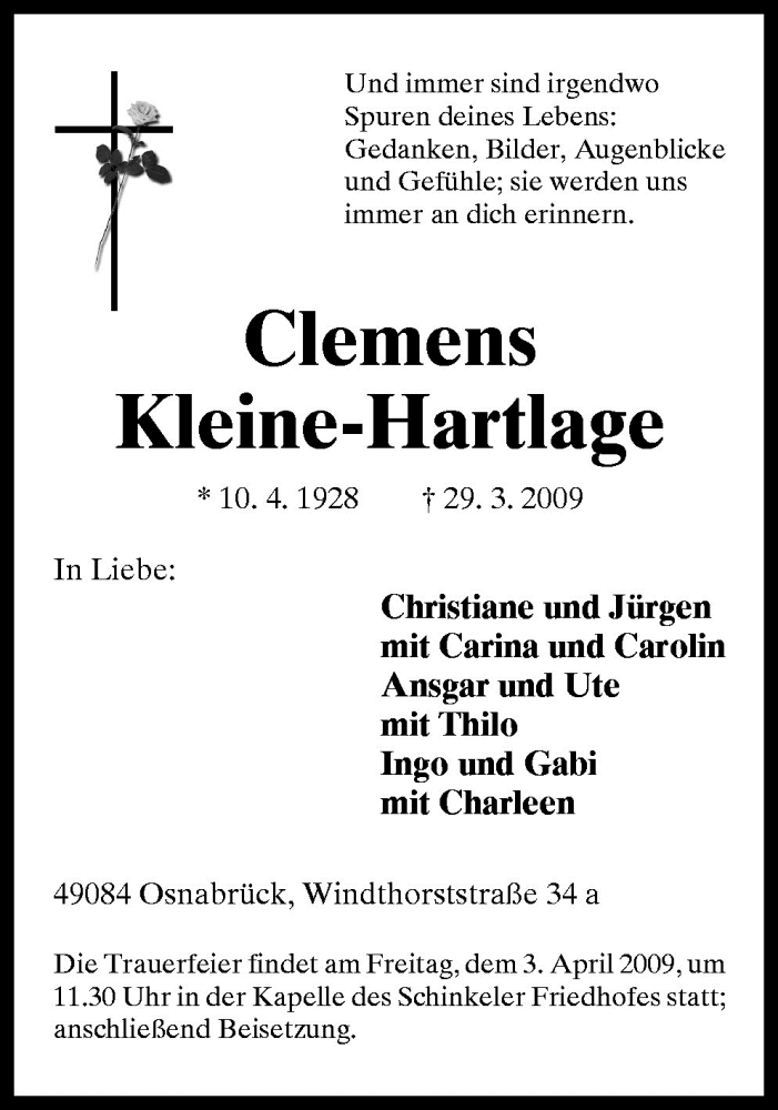  Traueranzeige für Clemens Kleine-Hartlage vom 31.03.2009 aus Neue Osnabrücker Zeitung GmbH & Co. KG