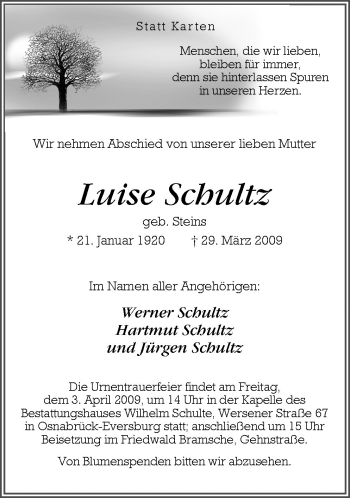 Traueranzeige von Luise Schultz von Neue Osnabrücker Zeitung GmbH & Co. KG