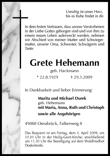 Traueranzeige von Grete Hehemann von Neue Osnabrücker Zeitung GmbH & Co. KG