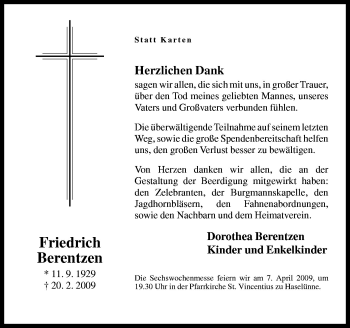 Traueranzeige von Friedrich Berentzen von Neue Osnabrücker Zeitung GmbH & Co. KG