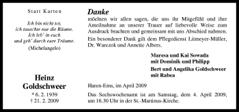 Traueranzeige von Heinz Goldschweer von Neue Osnabrücker Zeitung GmbH & Co. KG