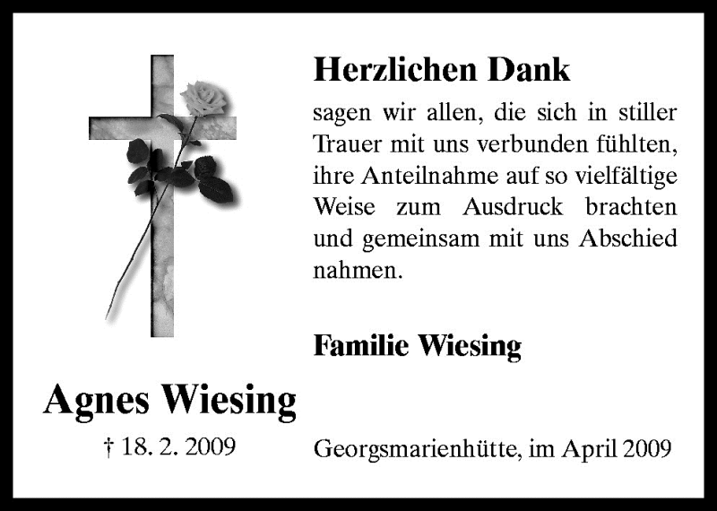  Traueranzeige für Agnes Wiesing vom 04.04.2009 aus Neue Osnabrücker Zeitung GmbH & Co. KG