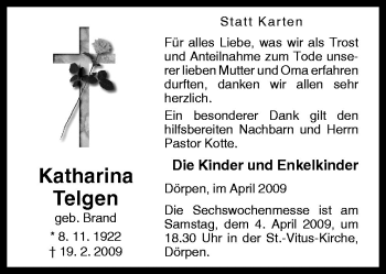 Traueranzeige von Katharina Telgen von Neue Osnabrücker Zeitung GmbH & Co. KG