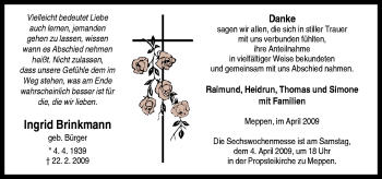 Traueranzeige von Ingrid Brinkmann von Neue Osnabrücker Zeitung GmbH & Co. KG