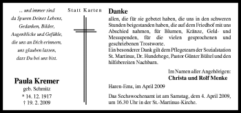 Traueranzeige von Paula Kremer von Neue Osnabrücker Zeitung GmbH & Co. KG