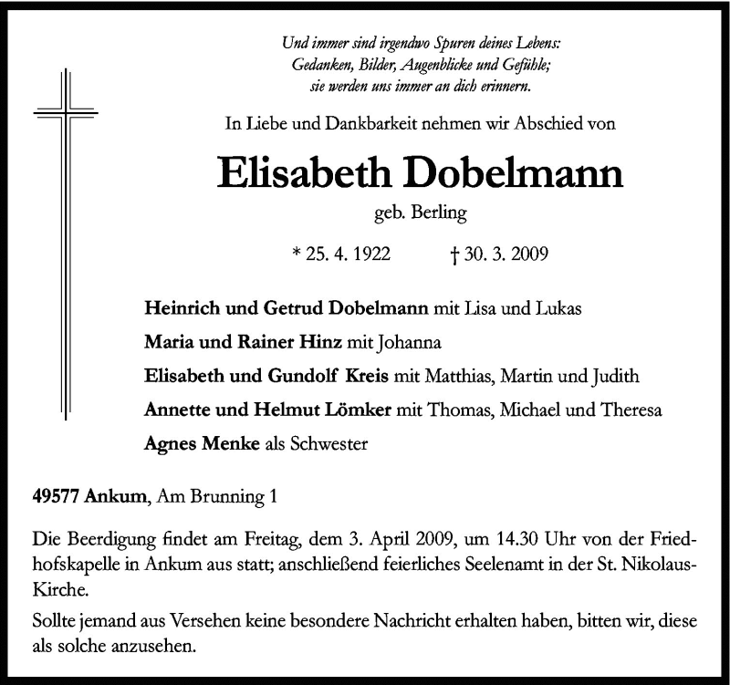  Traueranzeige für Elisabeth Dobelmann vom 01.04.2009 aus Neue Osnabrücker Zeitung GmbH & Co. KG