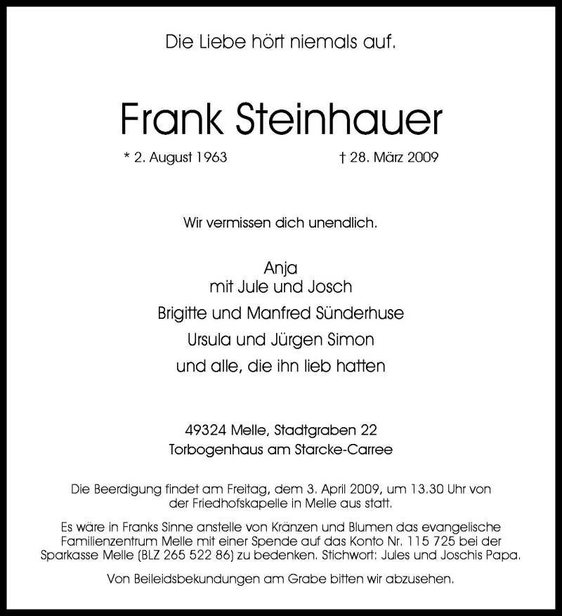  Traueranzeige für Frank Steinhauer vom 01.04.2009 aus Neue Osnabrücker Zeitung GmbH & Co. KG