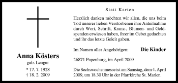 Traueranzeige von Anna Kösters von Neue Osnabrücker Zeitung GmbH & Co. KG