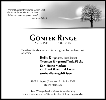 Traueranzeige von Günter Ringe von Neue Osnabrücker Zeitung GmbH & Co. KG