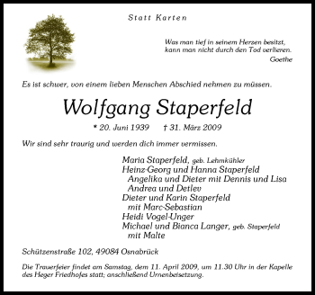 Traueranzeige von Wolfgang Staperfeld von Neue Osnabrücker Zeitung GmbH & Co. KG