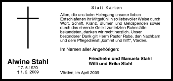 Traueranzeige von Alwine Stahl von Neue Osnabrücker Zeitung GmbH & Co. KG