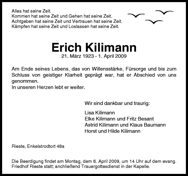  Traueranzeige für Erich Kilimann vom 04.04.2009 aus Neue Osnabrücker Zeitung GmbH & Co. KG
