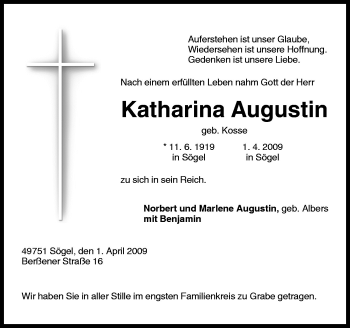 Traueranzeige von Katharina Augustin von Neue Osnabrücker Zeitung GmbH & Co. KG