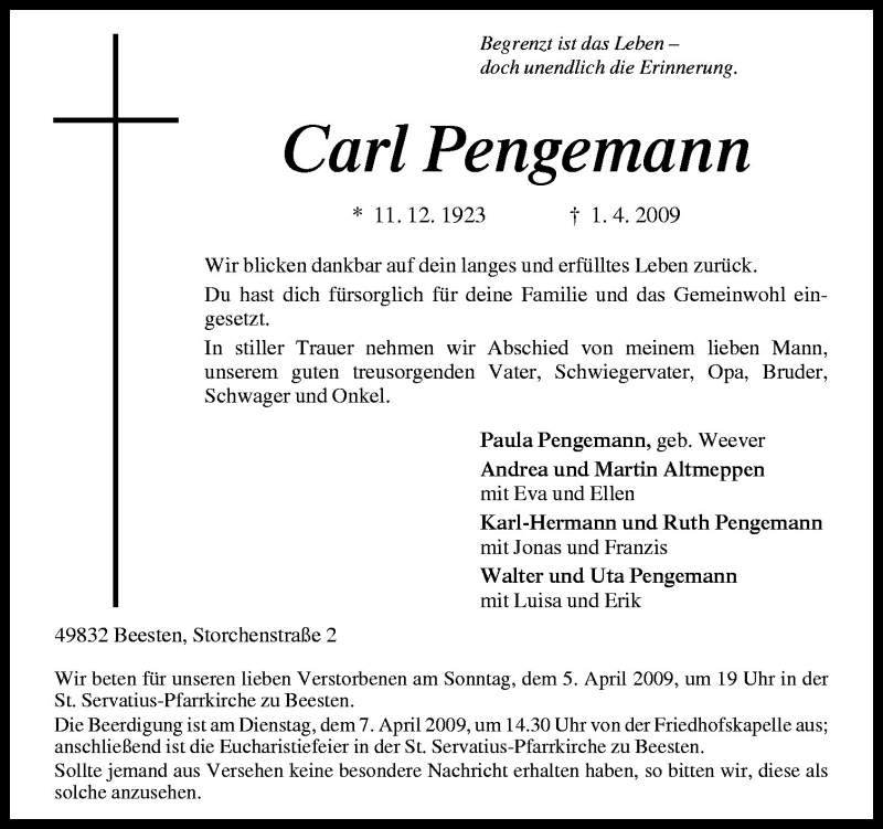  Traueranzeige für Carl Pengemann vom 04.04.2009 aus Neue Osnabrücker Zeitung GmbH & Co. KG