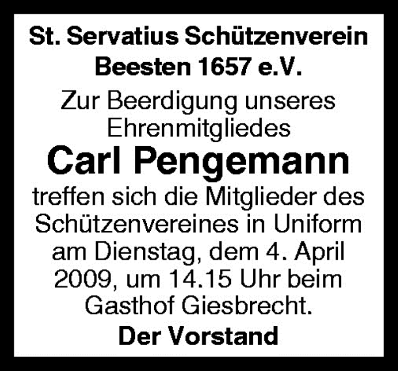  Traueranzeige für Carl Pengemann vom 06.04.2009 aus Neue Osnabrücker Zeitung GmbH & Co. KG