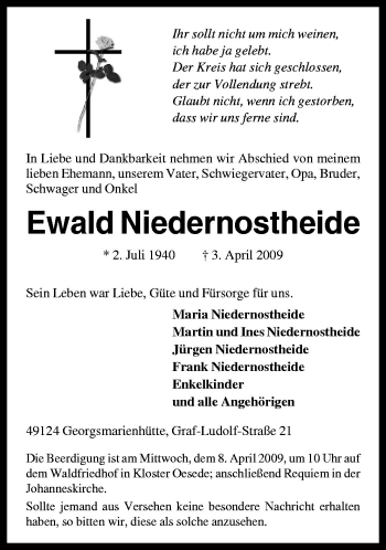 Traueranzeige von Ewald Niedernostheide von Neue Osnabrücker Zeitung GmbH & Co. KG