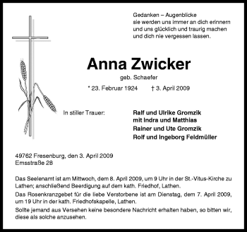 Traueranzeige von Anna Zwicker von Neue Osnabrücker Zeitung GmbH & Co. KG