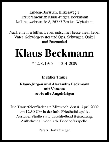 Traueranzeige von Klaus Beckmann von Neue Osnabrücker Zeitung GmbH & Co. KG