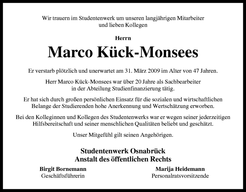  Traueranzeige für Marco Kück-Monsees vom 07.04.2009 aus Neue Osnabrücker Zeitung GmbH & Co. KG