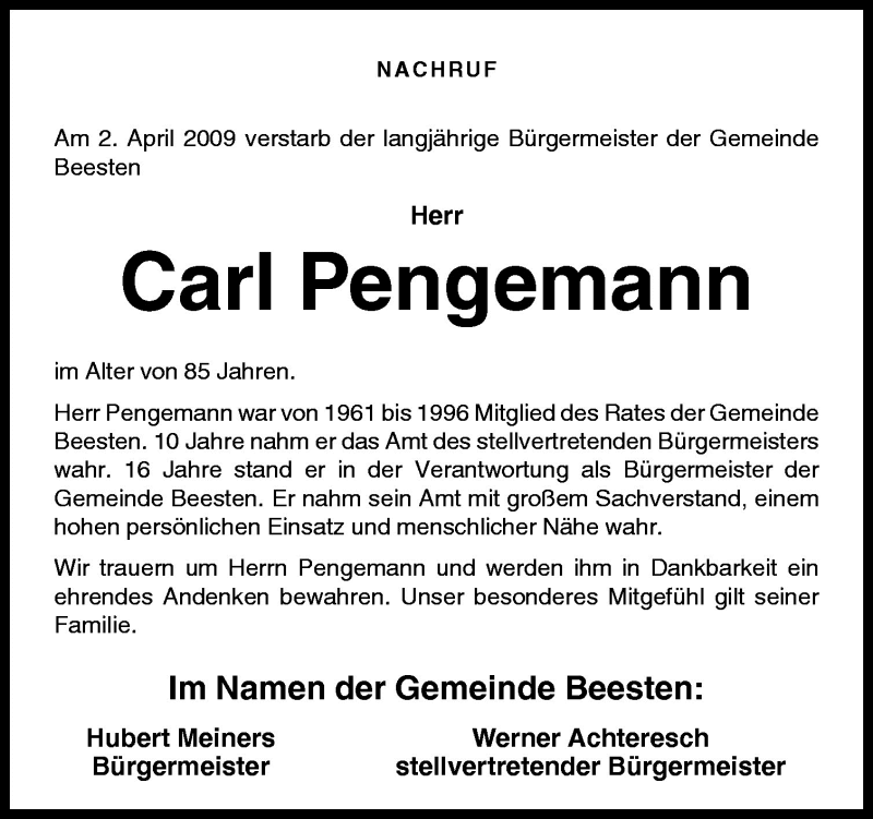  Traueranzeige für Carl Pengemann vom 07.04.2009 aus Neue Osnabrücker Zeitung GmbH & Co. KG