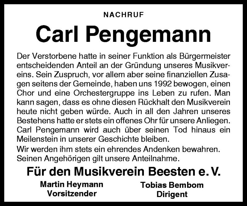  Traueranzeige für Carl Pengemann vom 07.04.2009 aus Neue Osnabrücker Zeitung GmbH & Co. KG