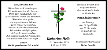 Traueranzeige von Katharina Helle von Neue Osnabrücker Zeitung GmbH & Co. KG