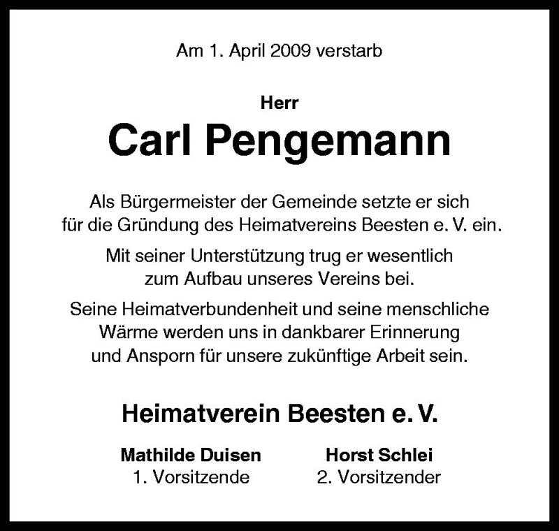  Traueranzeige für Carl Pengemann vom 08.04.2009 aus Neue Osnabrücker Zeitung GmbH & Co. KG