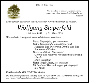 Traueranzeige von Wolfgang Staperfeld von Neue Osnabrücker Zeitung GmbH & Co. KG