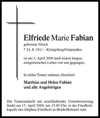 Traueranzeige von Elfriede Fabian von Neue Osnabrücker Zeitung GmbH & Co. KG