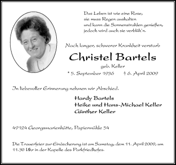 Traueranzeige von Christel Bartels von Neue Osnabrücker Zeitung GmbH & Co. KG