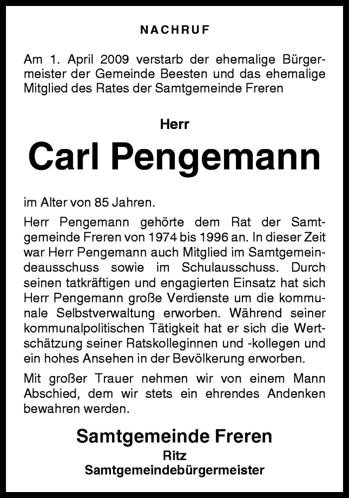  Traueranzeige für Carl Pengemann vom 08.04.2009 aus Neue Osnabrücker Zeitung GmbH & Co. KG