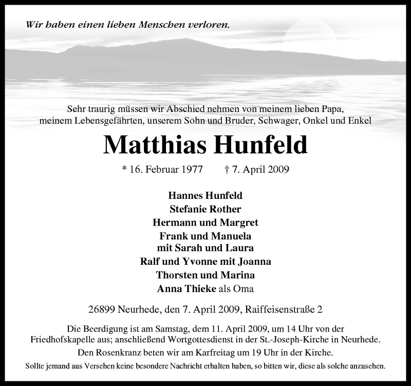  Traueranzeige für Matthias Hunfeld vom 09.04.2009 aus Neue Osnabrücker Zeitung GmbH & Co. KG