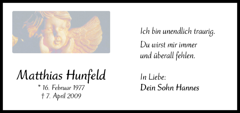  Traueranzeige für Matthias Hunfeld vom 11.04.2009 aus Neue Osnabrücker Zeitung GmbH & Co. KG