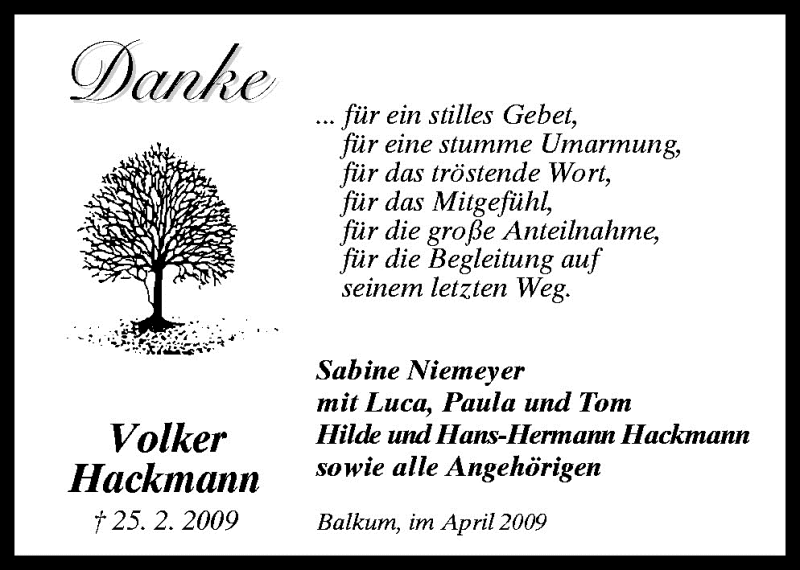  Traueranzeige für Volker Hackmann vom 11.04.2009 aus Neue Osnabrücker Zeitung GmbH & Co. KG